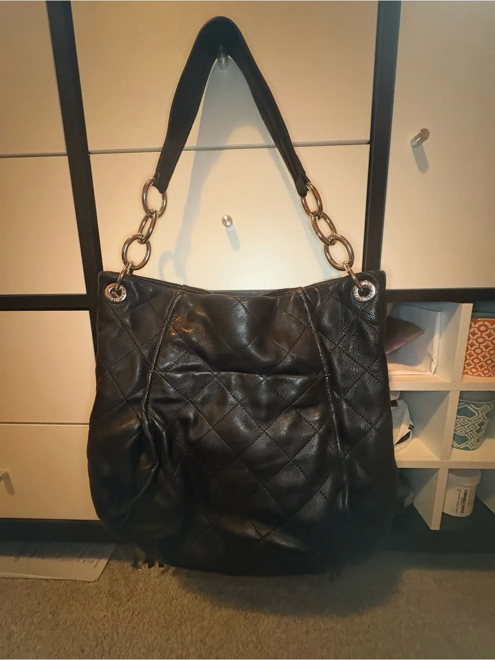 Aimee Kestenberg Black Quilted Leather Shoulder Bag with Chain Rings
